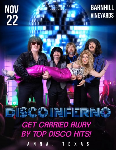 Disco Inferno Band - Ignite the Night is headed for BarnHill Vineyards on Saturday, November 22! We've got plenty of disco hits that you already know, and you're gonna love singing along and dancing with our set list. We can't wait to celebrate with you! YA-HOO! #burnbabyburn TICKETS: https://bit.ly/47MYZ7q | Mirrorball City