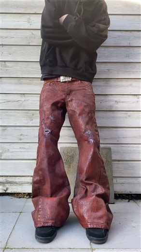 CURSEDB.A.T on Instagram: "Reworked flared/baggy jeans, jeans that have been reworked into a baggy/flared fit that got a textured and distressed look. This look got made with some ink and varnish on top to get the texture and some distressed/patched parts on and above the knees W30 Available on my Depop and Vinted = cursedbat Or click the link in my bio #fashion #reworkedfashion #waxedjeans #ink #flaredjeans #1of1 #alternative #alt #grunge #distressed #patched"