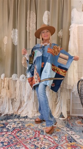 tmyers handmade on Instagram: "This full tutorial is on my YouTube channel: tmyers handmade (link is in my bio).🥰💗💕💗💕 #upcycledclothing #thriftflip #denim #jeanjacket #boho #diyponcho #sew #sewingtutorials #upcycledClothes #thrifthaul #festival #festival wear"