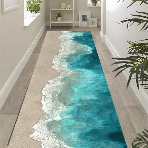 Beach Ocean Runner Rug: Turquoise Blue Waves Design, Sandy Shore Pattern, Coastal Hallway Decor - Etsy