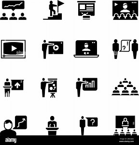 Presentation business event symbols. Training video conference icons. Students class with speaker pictograms vector set. Video meeting, team discussio Stock Vector Image & Art - Alamy
