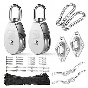 LAIWOO Stainless Steel Pulley System Kit-Heavy-Duty Pulley Wheel, Pulley Block with Nylon Rope 4MM, Hooks, Eye Pad Plate, and Rope Cleat - Ideal for Lifting (M20-4MM)