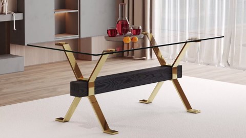 7 Piece Glass Dining Table Set, Kitchen Table Chairs Set for 6, 71'' Dining Table with 0.4" Tempered Glass Tabletop with Plated Metal Legs and MDF Crossbar, 6 PU Chairs for Dining Room, Kitchen.