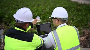 Environmental engineers inspect water quality,Bring water to the lab for testing,Check the mineral content in water and soil,Check for contaminants in water sources.