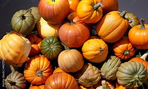 Cornucopia, Thanksgiving Day A pile of pumpkins of various colors and sizes. Concept of abundance and harvest season