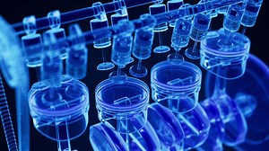 Animation car engine from the inside. X-Ray style. Pistons, crankshaft, camshaft, valves in motion. Alpha Channel. Cyclic movement. Horizontal composition.