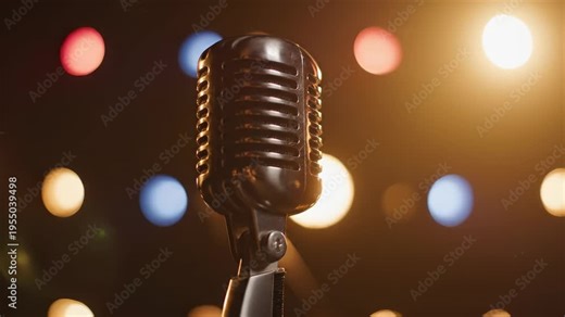 Vintage microphone in spotlight. Classic microphone stands ready for performance on stage. Warm lights create inviting atmosphere for live music. Sound waves echo through vibrant venue.