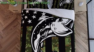Manfei American Flag Duvet Cover Set Twin Size Green Camouflage Comforter Cover Cartoon Fish Print Bedding Set 2pcs for Kids Boys Teens Room Decor, Black White Green Bedspread with 1 Pillowcase