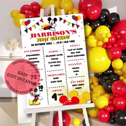 Mickey Mouse 1st Birthday Milestone Poster: Canva Printable (digital), Keepsake, Baby Keepsake - Etsy Australia