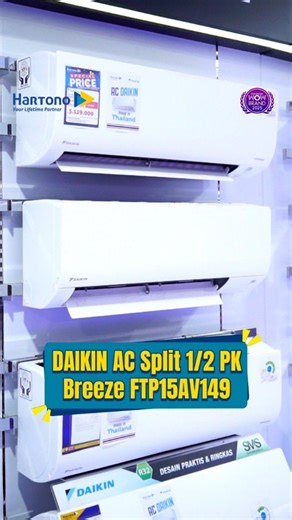 Hartono on Instagram: "Bye-Bye Gerah dengan Daikin Breeze! Rekomendasi AC 0.5 PK yang tangguh dan awet? Pilih Daikin Breeze FTP15AV149 ✅ Quiet Operation: Suara unit outdoor & indoor yang halus, nggak berisik ✅ Eco-Friendly: Menggunakan Refrigeran R32 yang ramah lingkungan ✅ Compact Size: Pas untuk estetika ruangan modern. Segera dapatkan AC Daikin Breeze FTP15AV149 hanya di Hartono dengan harga spesial Rp2,9jutaan! Hartono, Your Lifetime Partner #MyHartono #ACDaikin #PromoAC #AirConditioner #YaH