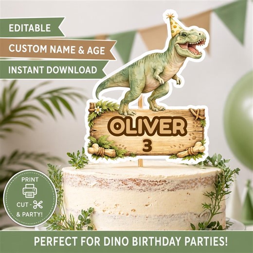 Dinosaur Cake Topper Editable, T Rex Birthday Cake Topper, 3rd Birthday Dinosaur Party Decor, Custom Name Age, Printable Dino Topper - Etsy