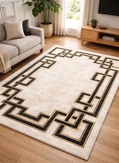 Modern Greek Key Design Carpet | Soft Thick, Anti-Slip Backing | Designer Floor Cream Black Gold