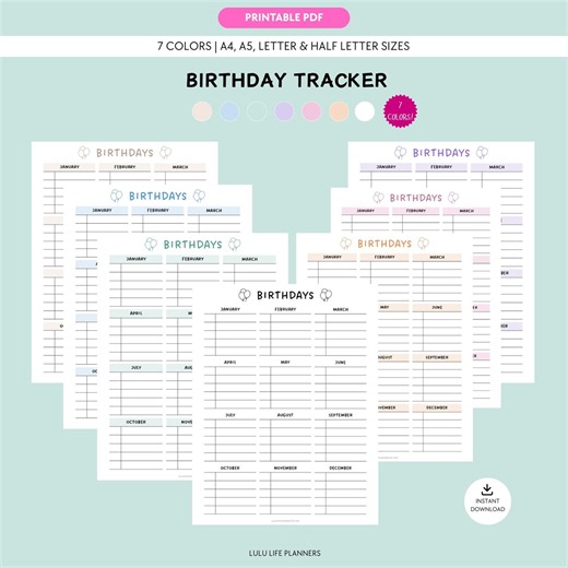 Birthday Tracker Printable PDF Template, Birthday Calendar, A4 | A5 | Letter and Half Letter Sizes, Instant Download - Etsy