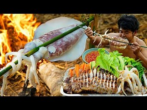 Wilderness Cooking Skill | GIANT GRILLED SQUID RECIPE Eating With Hot Sauce.