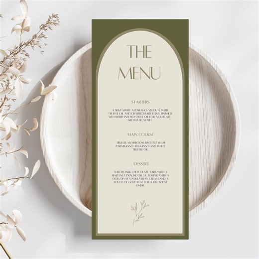 Olive Green Arch Wedding Menu Card, Formal Dinner Menu, Editable Canva Template, Elegant Wedding Menu (digital Download) - MELISSA - Etsy