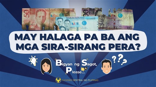 BSP, Bigyan ng Sagot, Please! 📢 May halaga pa ba ang mga nasunog, inanay, napunit o nginatngat na pera? Tinatawag ang mga ito na mutilated banknote o sira-sirang perang papel o polymer. Upang matukoy kung may halaga pa ang mga ito, sinusuri ng Bangko Sentral ng Pilipinas ang 3S – Size, Signature, at Security thread. Bibigyan ng sagot ni Bank Officer Aileen Manansala ng BSP Currency Policy and Integrity Department ang ilang katanungan tungkol sa mga sira-sirang pera sa video na ito. Para sa kara