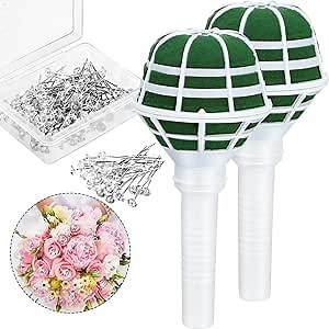 Bride Flower Bouquet Holder Wedding Bridal Foam Floral Handle Holders for Bride Artificial Flowers Decoration with 50 Pieces Wedding Bouquet Pins(2 Pieces)