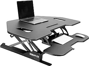 Mount-It! Corner Standing Desk Converter Height Adjustable 43” Wide Desktop, Corner Stand Up Desk with Gas Spring Lift Asssit, Stand Up Computer Workstation with Ergonomic Keyboard Tray | Black
