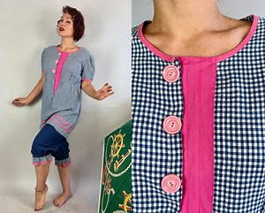 1910s Check Out the Sea Bathing Suit | Vintage Antique Edwardian Blue & White Gingham Cotton Beachwear Set W/bloomers | Large Extra Large XL - Etsy