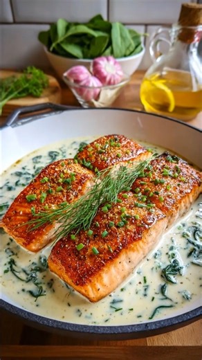 🐟 Salmon with Garlic Cream Sauce Perfectly pan-seared salmon finished with a silky garlic cream sauce, enriched with shallots, fresh dill, and gently wilted spinach. This dish highlights precise heat control and classic sauce-building technique for a refined yet comforting presentation. 🛒Ingredients : 4 (6-ounce) salmon fillets Kosher salt and freshly ground black pepper, to taste 1 1/2 tablespoons unsalted butter 2 cloves garlic, minced 1 medium shallot, diced 2 tablespoons all-purpose flour 