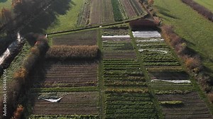 Aerial view of a biological dynamic farm in The Netherlands showing the diversity of its barns and crops amidst its surrounding countryside