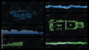 Multi-panel visual display: wireframes, graphs, readouts and indicators. Reversible seamless loop.