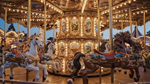 This video showcases a rotating merry-go-round with glowing golden lights and ornate horses, vibrant carnival aesthetic, whimsical entertainment concept, and elegant vintage fair atmosphere.