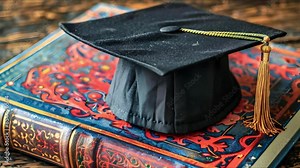 Adorning a colorful and vibrant book with a graduation cap. Concept Decorating, Graduation, Colorful, Book, Cap