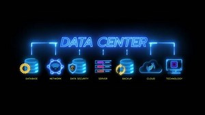 Data center concept for database, network, data security, server, backup, cloud and technology. Glowing neon line of data center banner icons isolated on transparent background.