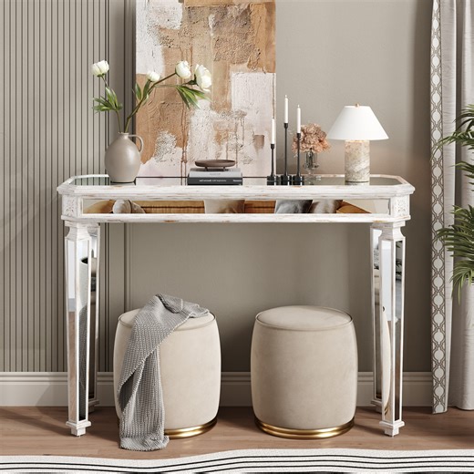 Atumcto Mirror Console Table with Vintage Wood Grain Carving, Elegant Entryway Sofa Table for Living Room