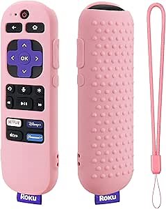 Pink Remote Cover Replacement for Roku Voice Remote (Official) RCA1R / RC-GZ1 Controller, Silicone Protective Case with Lanyard for Roku Streaming Stick Remote