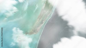 Earth zoom in from space to San Pedro, Belize. Followed by zoom out through clouds and atmosphere into space. Satellite view. Travel intro. Images from NASA