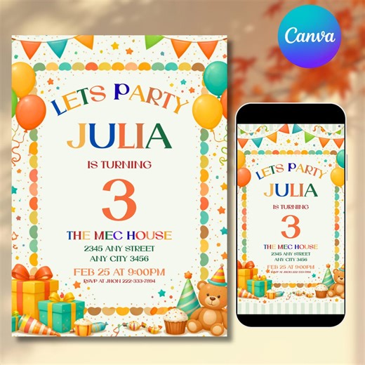 Classic Colorful Birthday Invite, Classic Birthday Invitation, Fun Colorful Birthday Invite, Editable Canva, DIY Text, Instant Download - Etsy