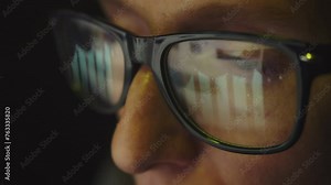In the reflection of glasses on a female face, there is an Internet search engine and a growing graph with maximum and minimum points. Financial analysis concept. Cg footage