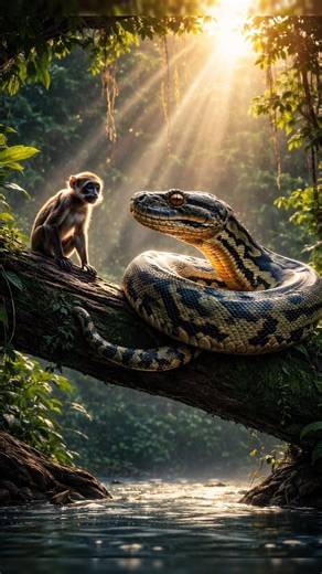 Monkey Faces a Giant Python in Deep Jungle | Shocking Wildlife Moment 😱”JungleShorts#AnimalLovers