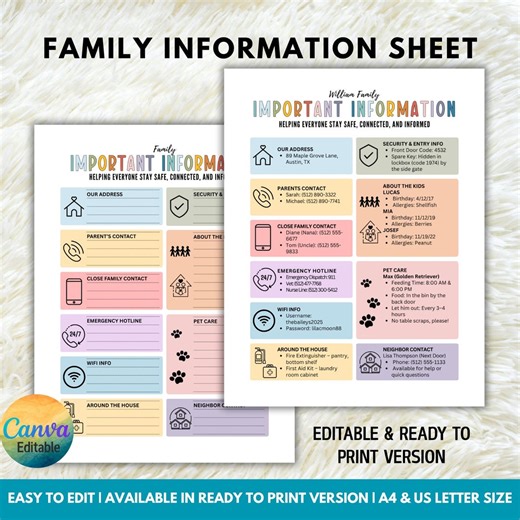 Editable Family Information Sheet, Emergency Contact Template, Babysitter Info Printable, Household Safety Sheet, Family Details Organizer - Etsy