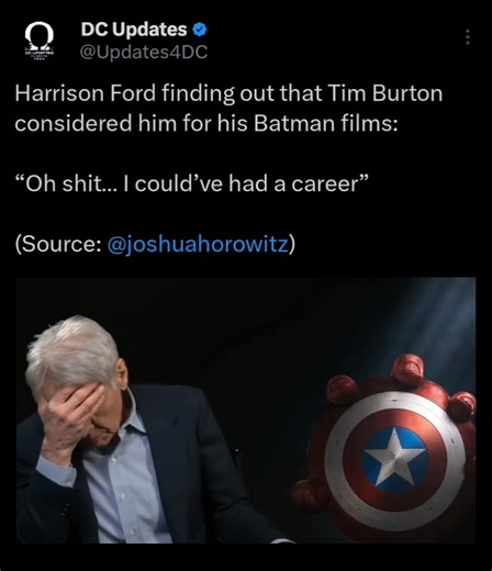 Harrison Ford on learning Tim Burton once considered him for Batman: “Oh shit… I could’ve had a career.” (Source: @joshuahorowitz) #HarrisonFord #Batman #TimBurton | DC Updates