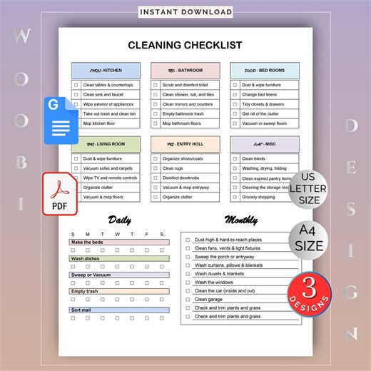 Printable Cleaning Checklist ADHD: Editable Daily, Weekly, Monthly Chore Chart Templates (word Digital Download) - Etsy