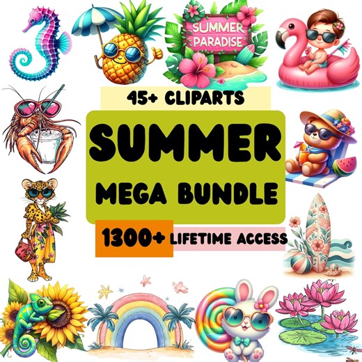 Summer Mega Clipart Bundle, Watercolor Beach Vibes, Animals (digital Download) - Etsy