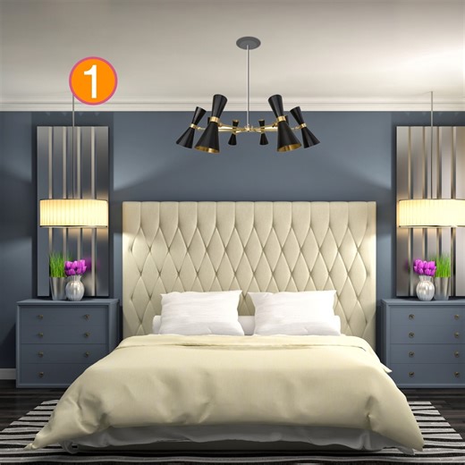 Light up our decision! Which chandelier best complements this bedroom's charm? 🛌💡✨ #ChandelierChoices | Homebliss