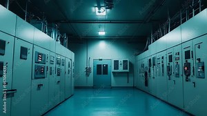Control room panels line an industrial corridor with glowing monitors, buttons and switches, forming a high tech control hub for power, data center and network operations