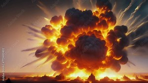 Burning Sky: Fire illuminates the dark, painting the sky with fiery hues of orange and red, as the sun sets amidst swirling clouds