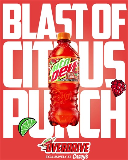 99K views · 442 reactions | Go big on flavor, with MTN DEW OVERDRIVE®! Exclusively at Casey’s, all summer long! 20oz 3/$5, medium fountain 89¢. | Mountain Dew | Facebook