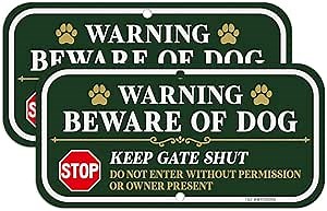 T&R Beware of Dog Sign Keep Gate Shut Do Not Enter Sign - 2 Pack - 12 x 6 Inches Rust Free .040 Aluminum Reflective - UV Protected, Waterproof, Weatherproof and Fade Resistant - 2 Pre-drilled Holes(Green)