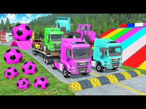 Flatbed Trailer McQueen Transportation with Truck - Speedbumps vs Cars vs Train - BeamNG.Drive #576