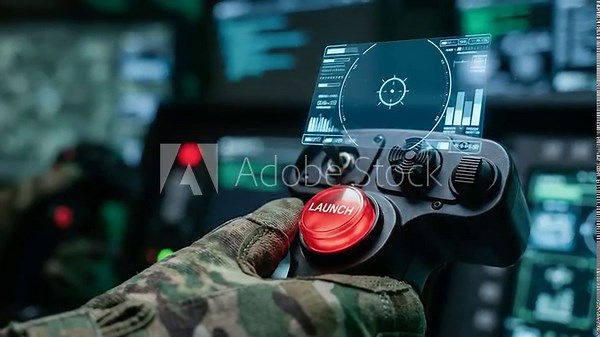 Ai warfare military autonomous drone swarm control interface guides tactical hand in dark command room as remote weapon system and digital target display hologram shape future battle strategy