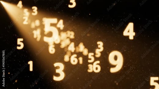 Floating numbers in light. Soft numeric characters drifting like dust particles within a warm beam of light