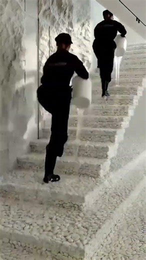 Building stone mosaic stairs by hand, carefully setting white pebbles into wet cement. Slow artwork!