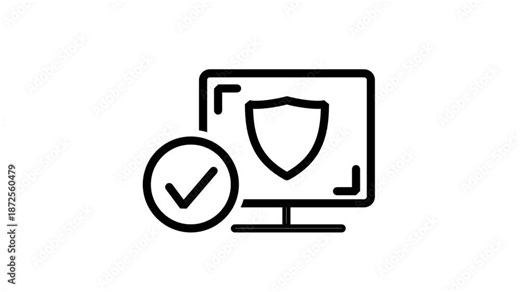 Verified System line animation. Monitor with a shield and checkmark icon for verified system security and activated firewall protection status.