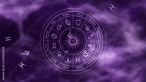 Signs of the zodiac on a space background.Horoscope, astrological signs of the sun in a purple wheel.Aquarius,libra,leo, taurus,cancer,pisces,virgo,capricorn,sagittarius,aries,gemini,scorpio.Astrology Stock Video